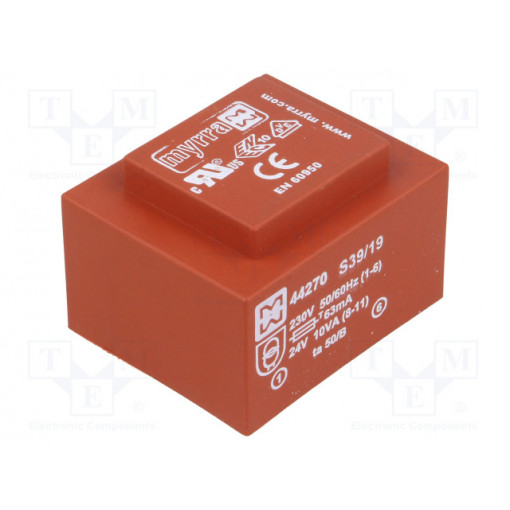 44270; Transformer: encapsulated; 10VA; 230VAC; 24V; 417mA; Mounting: PCB; MYRRA