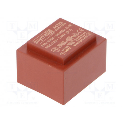 44328; Transformer: encapsulated; 1.5VA; 230VAC; 12V; 125mA; Mounting: PCB; MYRRA