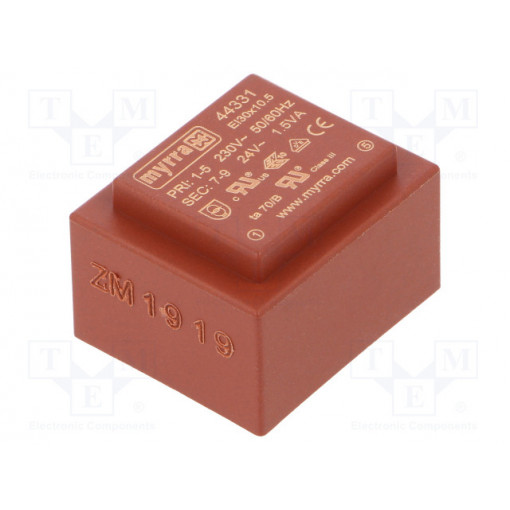 44331; Transformer: encapsulated; 1.5VA; 230VAC; 24V; 63mA; Mounting: PCB; MYRRA