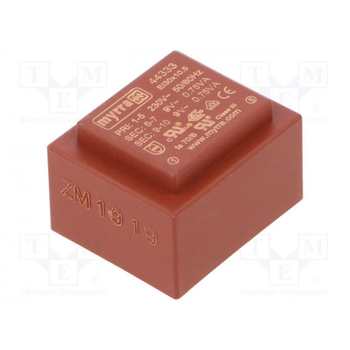 44333; Transformer: encapsulated; 1.5VA; 230VAC; 9V; 9V; 83mA; 83mA; MYRRA