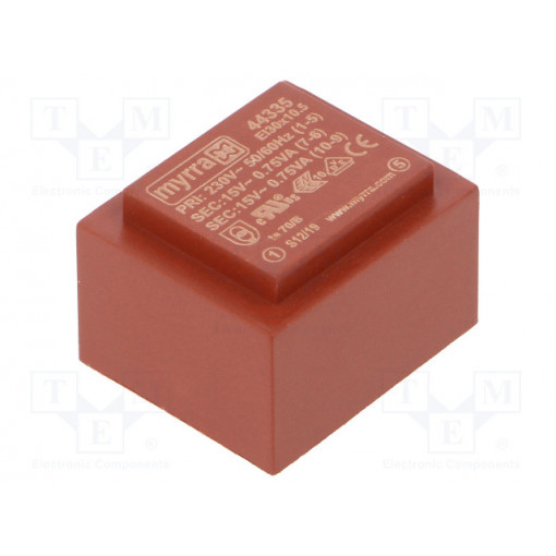 44335; Transformer: encapsulated; 1.5VA; 230VAC; 15V; 15V; 50mA; 50mA; MYRRA