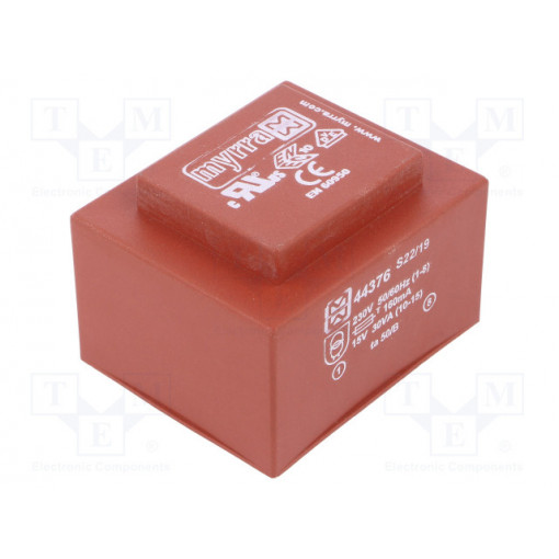 44376; Transformer: encapsulated; 30VA; 230VAC; 15V; 2A; Mounting: PCB; MYRRA