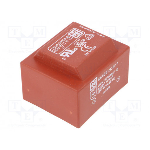 44435; Transformer: encapsulated; 22VA; 230VAC; 15V; 1467mA; Mounting: PCB; MYRRA