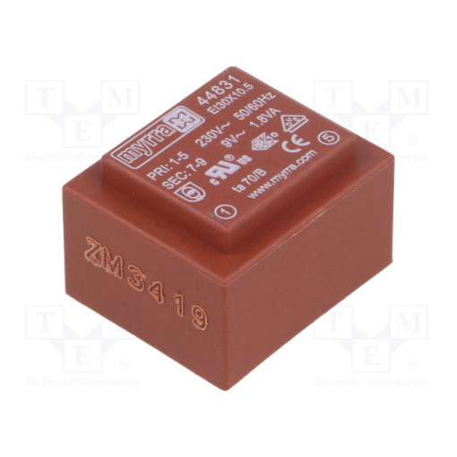 44831; Transformer: encapsulated; 1.8VA; 230VAC; 9V; 200mA; Mounting: PCB; MYRRA