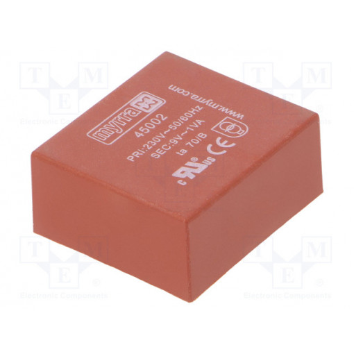 45002; Transformer: encapsulated; 1VA; 230VAC; 9V; 111mA; Mounting: PCB; MYRRA