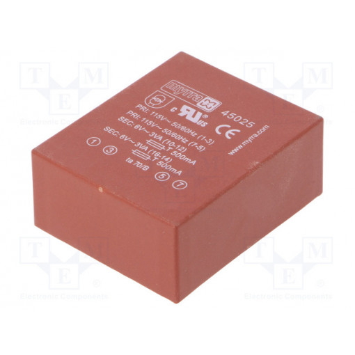 45025; Transformer: encapsulated; 6VA; 115/230VAC; 6V; 6V; 500mA; 500mA; MYRRA 45025; Transformer: encapsulated; 6VA; 115/230VAC; 6V; 6V; 500mA; 500mA; MYRRA