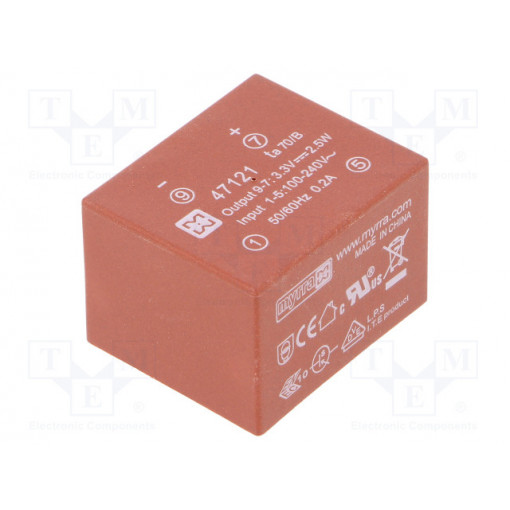 47121; Converter: AC/DC; 2.5W; Uout: 3.3VDC; Iout: 750mA; 65%; Mounting: PCB; MYRRA 47121; Converter: AC/DC; 2.5W; Uout: 3.3VDC; Iout: 750mA; 65%; Mounting: PCB; MYRRA