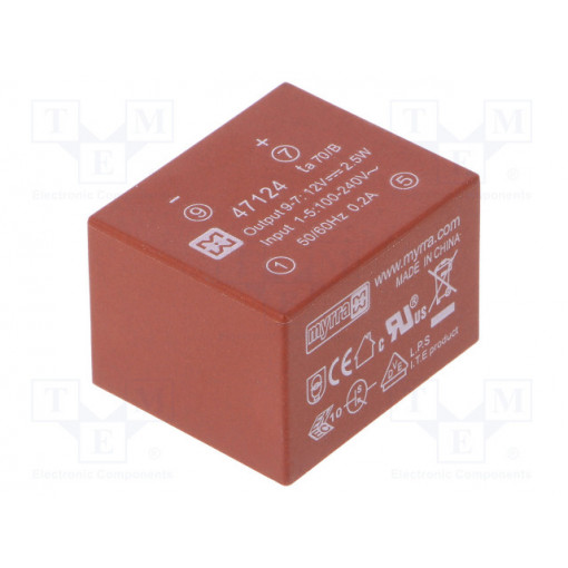 47124; Converter: AC/DC; 2.5W; Uout: 12VDC; Iout: 210mA; 74%; Mounting: PCB; MYRRA 47124; Converter: AC/DC; 2.5W; Uout: 12VDC; Iout: 210mA; 74%; Mounting: PCB; MYRRA