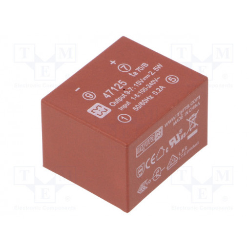 47125; Converter: AC/DC; 2.5W; Uout: 15VDC; Iout: 170mA; 75%; Mounting: PCB; MYRRA 47125; Converter: AC/DC; 2.5W; Uout: 15VDC; Iout: 170mA; 75%; Mounting: PCB; MYRRA