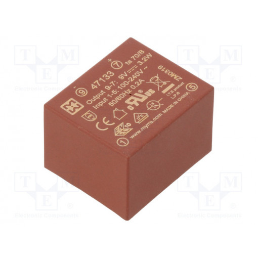 47133; Converter: AC/DC; 3.2W; Uout: 9VDC; Iout: 360mA; 73%; Mounting: PCB; MYRRA 47133; Converter: AC/DC; 3.2W; Uout: 9VDC; Iout: 360mA; 73%; Mounting: PCB; MYRRA