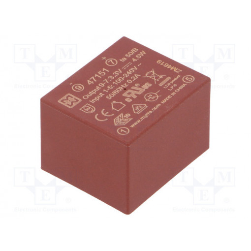 47151; Converter: AC/DC; 4.5W; Uout: 3.3VDC; Iout: 1.35A; 65%; Mounting: PCB; MYRRA 47151; Converter: AC/DC; 4.5W; Uout: 3.3VDC; Iout: 1.35A; 65%; Mounting: PCB; MYRRA