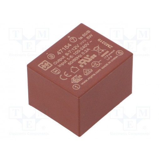 47154; Converter: AC/DC; 5W; Uout: 12VDC; Iout: 420mA; 75%; Mounting: PCB; MYRRA 47154; Converter: AC/DC; 5W; Uout: 12VDC; Iout: 420mA; 75%; Mounting: PCB; MYRRA