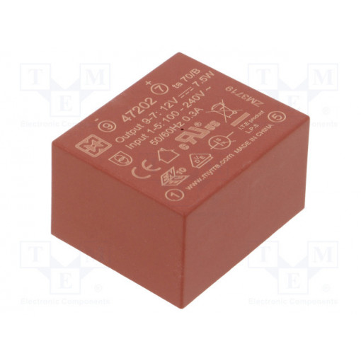 47202; Converter: AC/DC; 7.5W; Uout: 12VDC; Iout: 625mA; 82%; Mounting: PCB; MYRRA 47202; Converter: AC/DC; 7.5W; Uout: 12VDC; Iout: 625mA; 82%; Mounting: PCB; MYRRA
