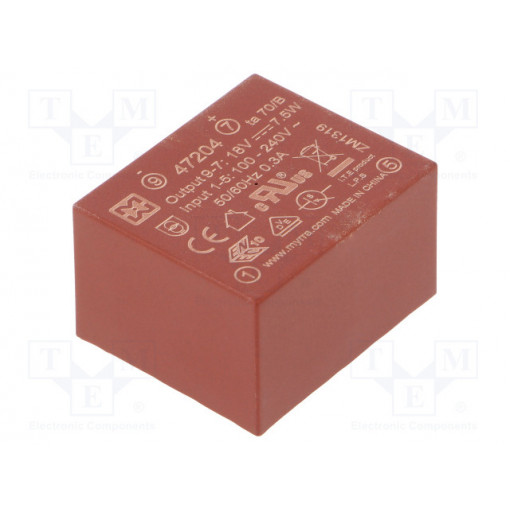 47204; Converter: AC/DC; 7.5W; Uout: 18VDC; Iout: 420mA; 82%; Mounting: PCB; MYRRA 47204; Converter: AC/DC; 7.5W; Uout: 18VDC; Iout: 420mA; 82%; Mounting: PCB; MYRRA