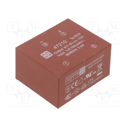 47210; Converter: AC/DC; 10W; Uout: 5VDC; Iout: 2A; 74%; Mounting: PCB; MYRRA 47210; Converter: AC/DC; 10W; Uout: 5VDC; Iout: 2A; 74%; Mounting: PCB; MYRRA