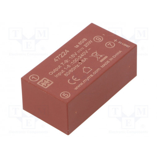 47224; Converter: AC/DC; 20W; Uout: 15VDC; Iout: 1.4A; 85%; Mounting: PCB; MYRRA