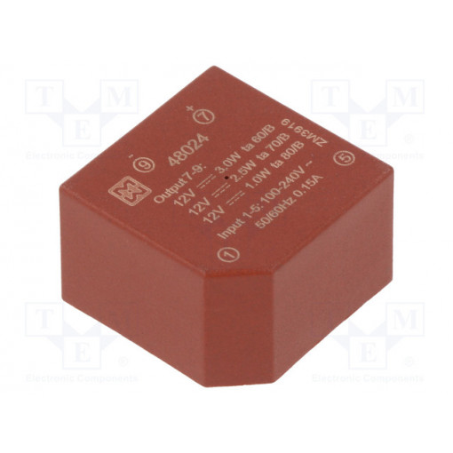 48024; Converter: AC/DC; 3W; Uout: 12VDC; Iout: 250mA; 72%; Mounting: PCB; MYRRA