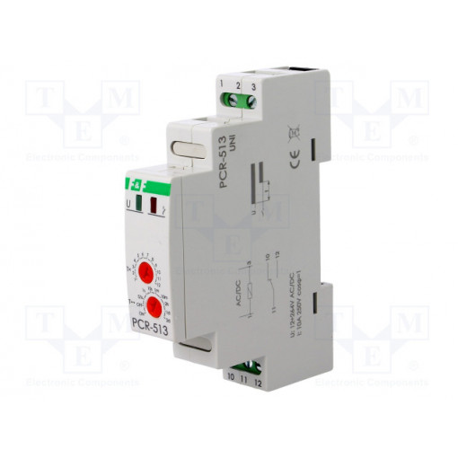 PCR-513UNI; Timer; 0,1s÷24days; SPDT; 10A; 12÷264VAC; 12÷264VDC; DIN; -25÷50°C; F&F