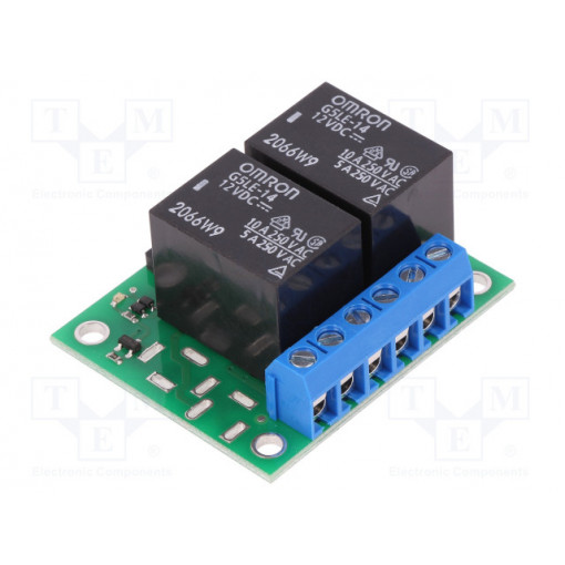 2-CH SPDT RELAY CARRIER WITH 12VDC RELAY; Module: relay; Channels: 2; 12VDC; max.250VAC; 10A; GPIO; toff: 5ms; POLOLU 2-CH SPDT RELAY CARRIER WITH 12VDC RELAY; Module: relay; Channels: 2; 12VDC; max.250VAC; 10A; GPIO; toff: 5ms; POLOLU