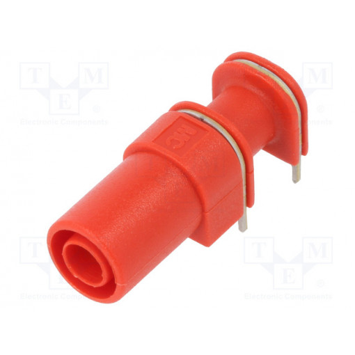 73099-2; Socket; 4mm banana; 24A; red; PCB; angled,insulated; 33mm; POMONA