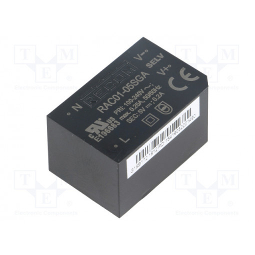 RAC01-05SGA; Converter: AC/DC; 1W; Uout: 5VDC; Iout: 200mA; 63%; Mounting: PCB; RECOM