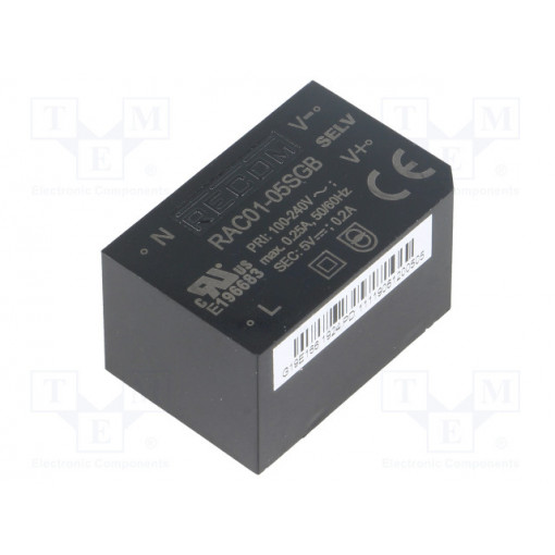 RAC01-05SGB; Converter: AC/DC; 1W; Uout: 5VDC; Iout: 200mA; 63%; Mounting: PCB; RECOM