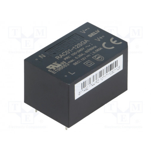 RAC01-12SGA; Converter: AC/DC; 1W; Uout: 12VDC; Iout: 83mA; 68%; Mounting: PCB; RECOM