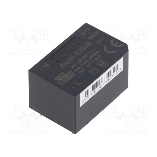 RAC01-3.3SGB; Converter: AC/DC; 1W; Uout: 3.3VDC; Iout: 303mA; 63%; Mounting: PCB; RECOM