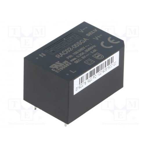 RAC02-05SGA; Converter: AC/DC; 2W; Uout: 5VDC; Iout: 400mA; 63%; Mounting: PCB; RECOM