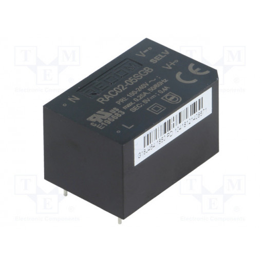 RAC02-05SGB; Converter: AC/DC; 2W; Uout: 5VDC; Iout: 400mA; 63%; Mounting: PCB; RECOM