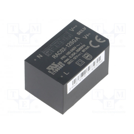 RAC02-12SGA; Converter: AC/DC; 2W; Uout: 12VDC; Iout: 167mA; 68%; Mounting: PCB; RECOM