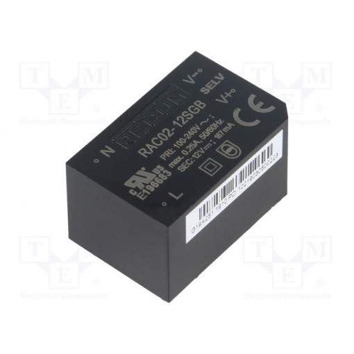 RAC02-12SGB; Converter: AC/DC; 2W; Uout: 12VDC; Iout: 167mA; 68%; Mounting: PCB; RECOM