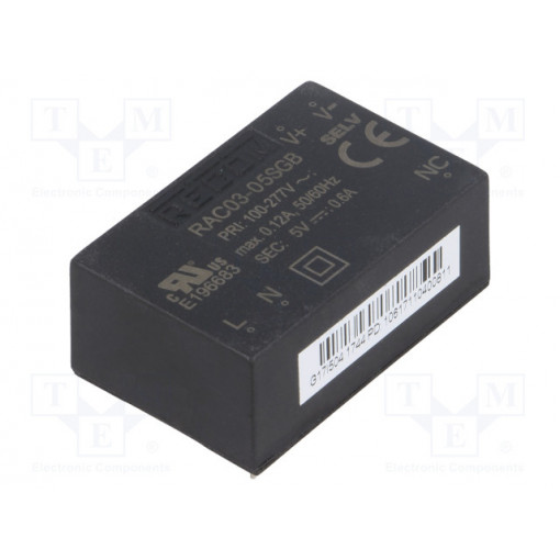 RAC03-05SGB; Converter: AC/DC; 3W; Uout: 5VDC; Iout: 600mA; 72%; Mounting: PCB; RECOM