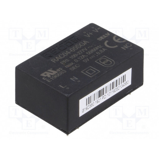 RAC04-05SGA; Converter: AC/DC; 4W; Uout: 5VDC; Iout: 800mA; 72%; Mounting: PCB; RECOM