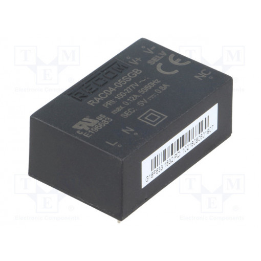 RAC04-05SGB; Converter: AC/DC; 4W; Uout: 5VDC; Iout: 800mA; 72%; Mounting: PCB; RECOM