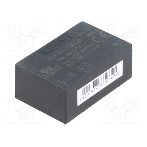 RAC04-12SGB; Converter: AC/DC; 4W; Uout: 12VDC; Iout: 330mA; 78%; Mounting: PCB; RECOM