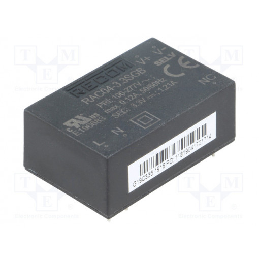 RAC04-3.3SGB; Converter: AC/DC; 4W; Uout: 3.3VDC; Iout: 1.21A; 70%; Mounting: PCB; RECOM