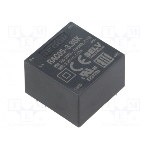 RAC05-3.3SK; Converter: AC/DC; 5W; Uout: 3.3VDC; Iout: 1515mA; 76%; Mounting: PCB; RECOM