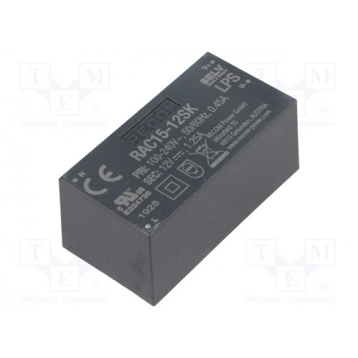 RAC15-12SK; Converter: AC/DC; 15W; Uout: 12VDC; Iout: 1.67A; 86%; Mounting: PCB; RECOM