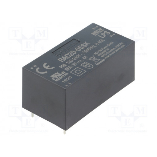 RAC20-05SK; Converter: AC/DC; 20W; Uout: 5VDC; Iout: 4A; 84%; Mounting: PCB; 3000V; RECOM