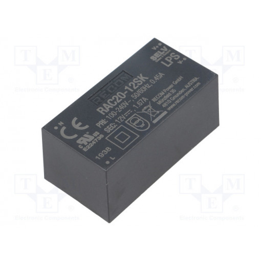 RAC20-12SK; Converter: AC/DC; 20W; Uout: 12VDC; Iout: 1.67A; 86%; Mounting: PCB; RECOM