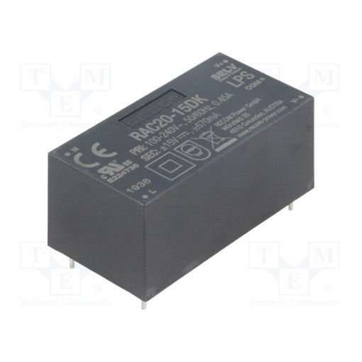 RAC20-15DK; Converter: AC/DC; 20W; Uout: 15VDC; Iout: 670mA; 84%; Mounting: PCB; RECOM