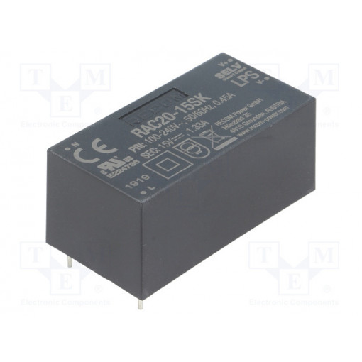 RAC20-15SK; Converter: AC/DC; 20W; Uout: 15VDC; Iout: 1333mA; 86%; Mounting: PCB; RECOM