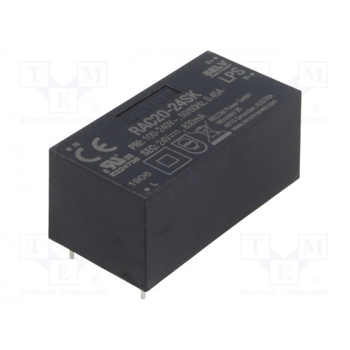 RAC20-24SK; Converter: AC/DC; 20W; Uout: 24VDC; Iout: 840mA; 85%; Mounting: PCB; RECOM