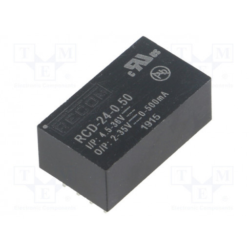RCD-24-0.50; Converter: DC/DC; Uin: 4.5÷36V; Uout: 2÷35VDC; Iout: 500mA; 4.5g; RECOM
