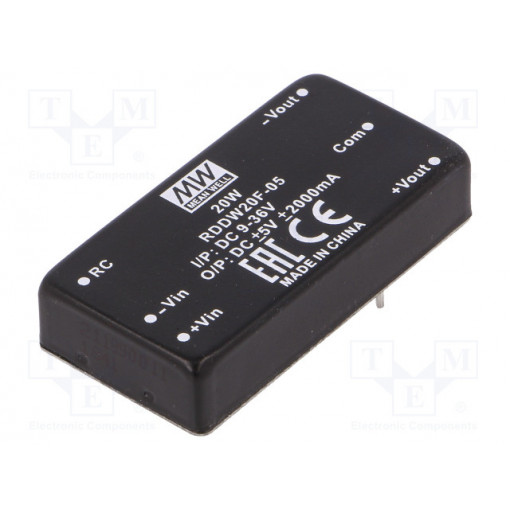 RDDW20F-05; Converter: DC/DC; 20W; Uin: 9÷36V; Uout: 5VDC; Uout2: -5VDC; 35g; MEAN WELL