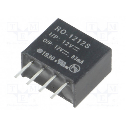 RO-1212S; Converter: DC/DC; 1W; Uin: 10.8÷13.2V; Uout: 12VDC; Iout: 83mA; SIP4; RECOM