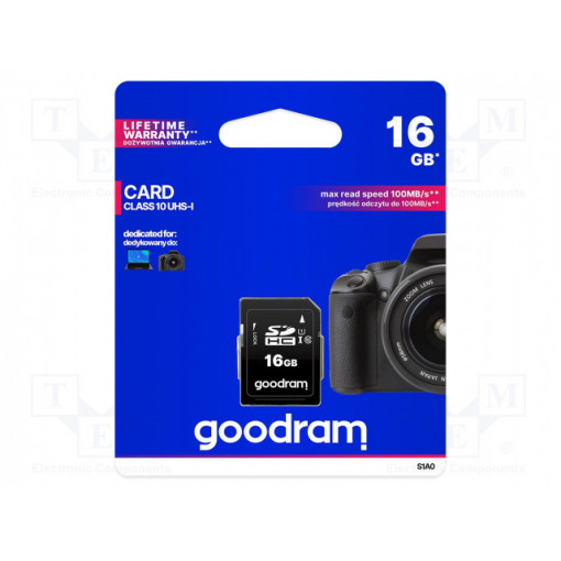 S1A0-0160R12; Memory card; SD HC; 16GB; Read: 100MB/s; Write: 10MB/s; 0÷70°C; GOODRAM S1A0-0160R12; Memory card; SD HC; 16GB; Read: 100MB/s; Write: 10MB/s; 0÷70°C; GOODRAM