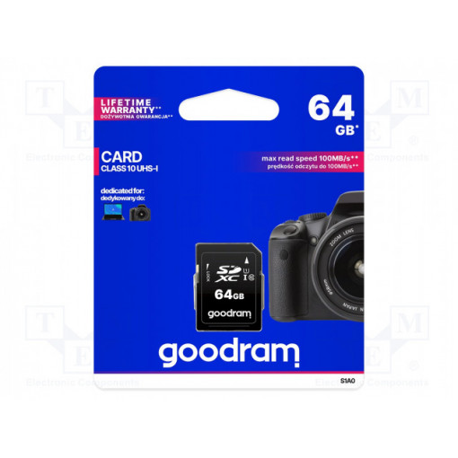 S1A0-0640R12; Memory card; SD XC; 64GB; Read: 100MB/s; Write: 10MB/s; 0÷70°C; GOODRAM S1A0-0640R12; Memory card; SD XC; 64GB; Read: 100MB/s; Write: 10MB/s; 0÷70°C; GOODRAM