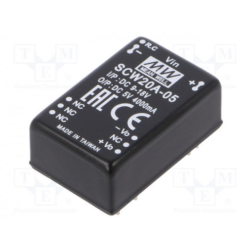 SCW20A-05; Converter: DC/DC; 20W; Uin: 9÷18V; 5VDC; Iout: 4000mA; DIP24; 18.5g; MEAN WELL
